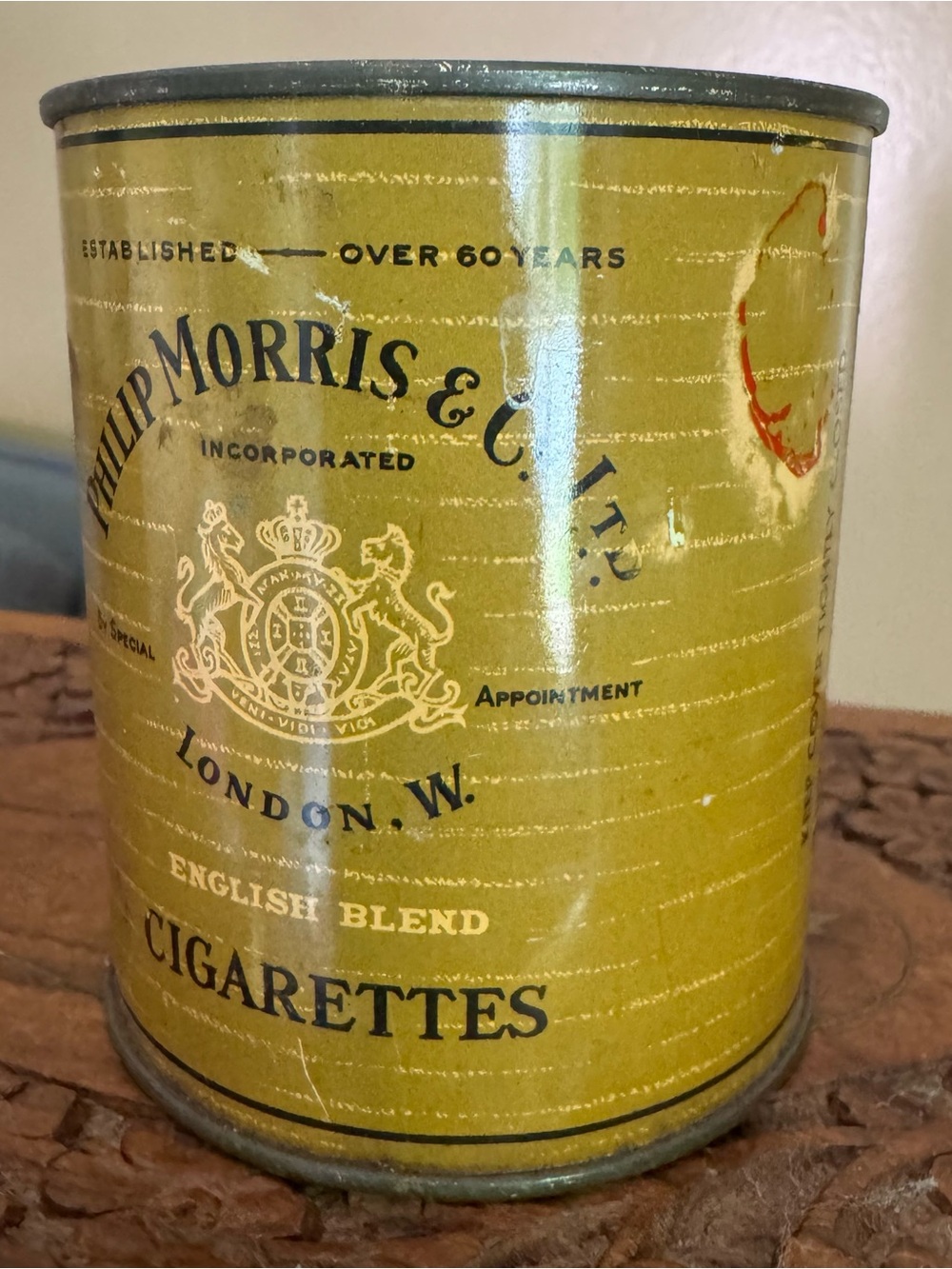 Vintage Phillip Morris English Blend Yellow Cigarette Humidorpac Litho Tin Can